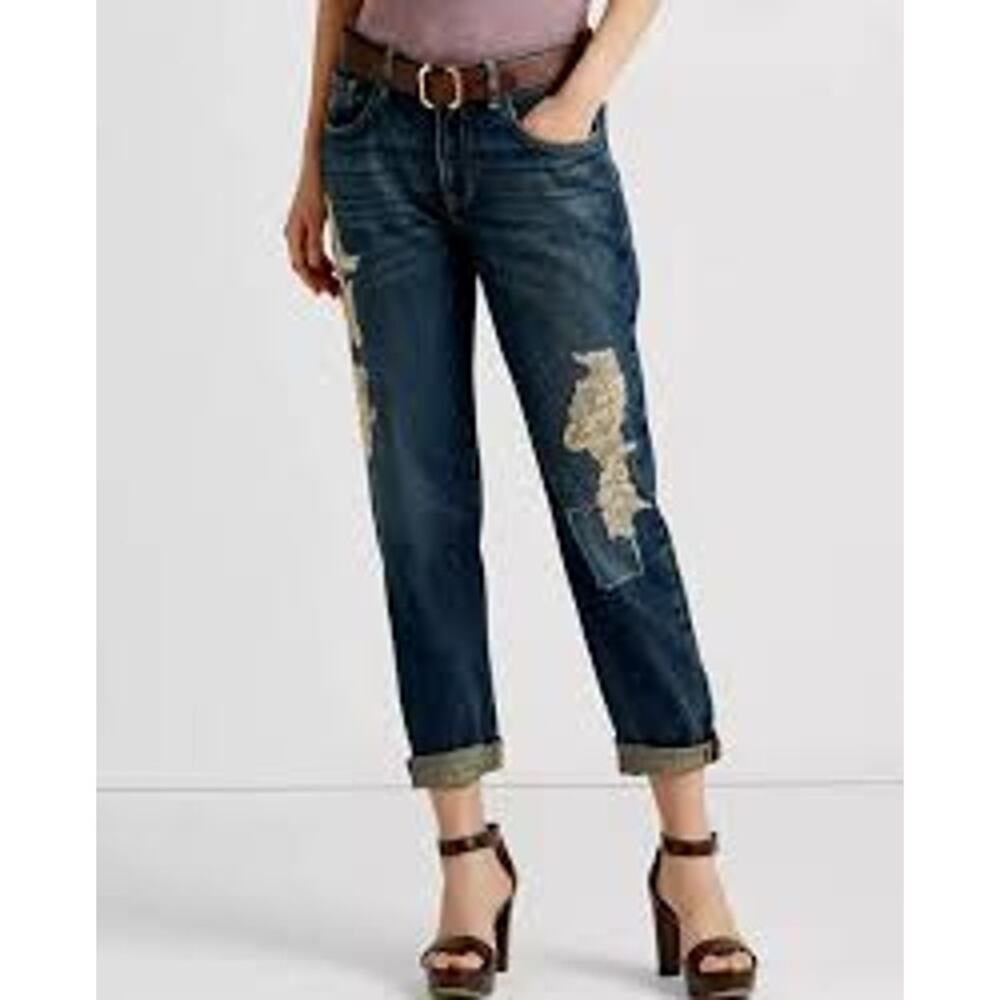 Lauren Ralph Lauren Lace Patchwork Relaxed Tapered Jeans Sz 10 EUC